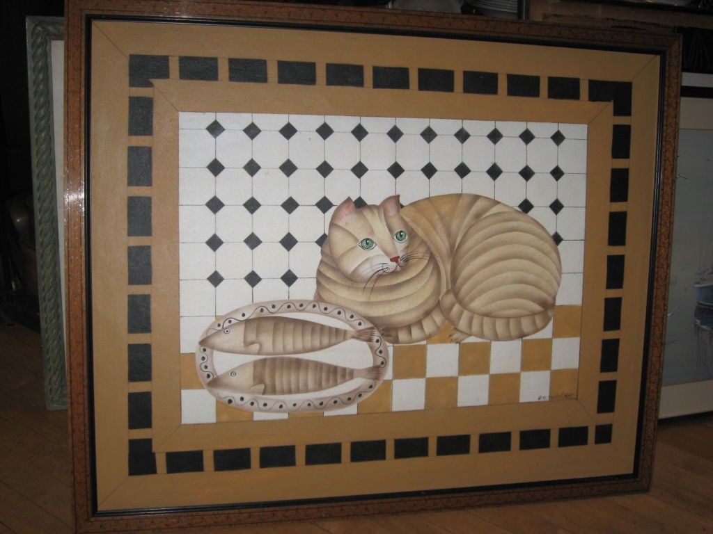 Signiertes stilisiertes Ölgemälde einer Katze in einem handgemalten Rahmen.