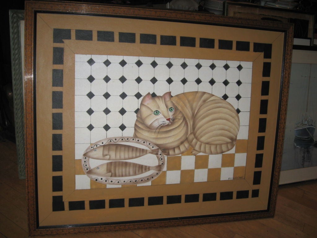 Painting  of a Cat  Signed Shattil In Good Condition For Sale In Water Mill, NY