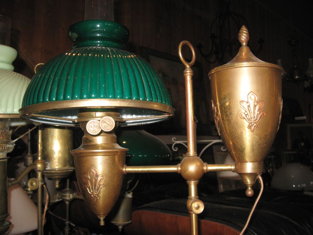 B&H Student oil lamp with original green slag glass that has been electrified-Hampton Location.