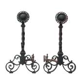 Pair of  Hand Forged Iron Sunflower Andirons