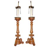 Pair of Carved Fruitwood Candlestick Lamps