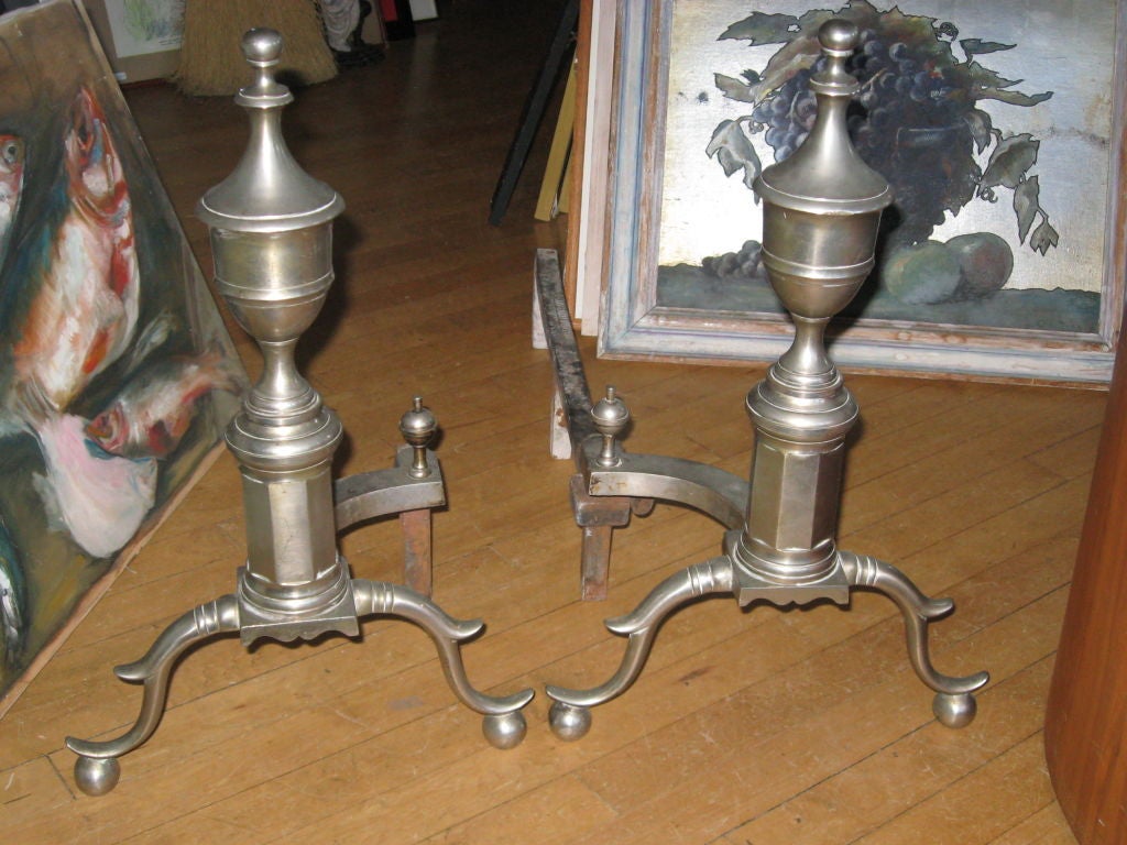 Pair of Nickel Plated Bronze Federal Style Andirons by Wm.H. Jackson 32 E. 57th St. N.Y. Pat.Dec.1908 with removable backs-Hampton location.