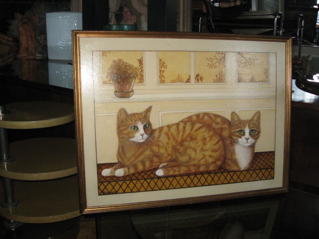 Oil painting of cats in giltwood frame signed Kenney Hampton location.