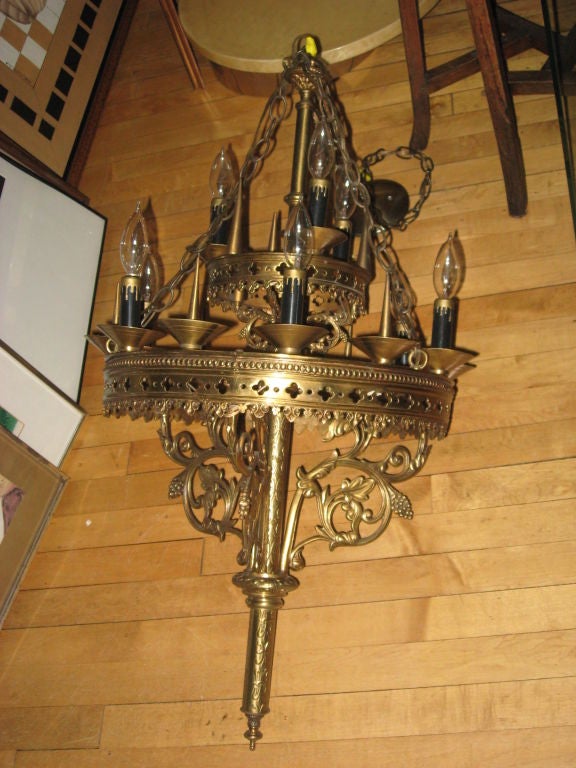 Gothic Revival Brass  Nine Light Chandelier