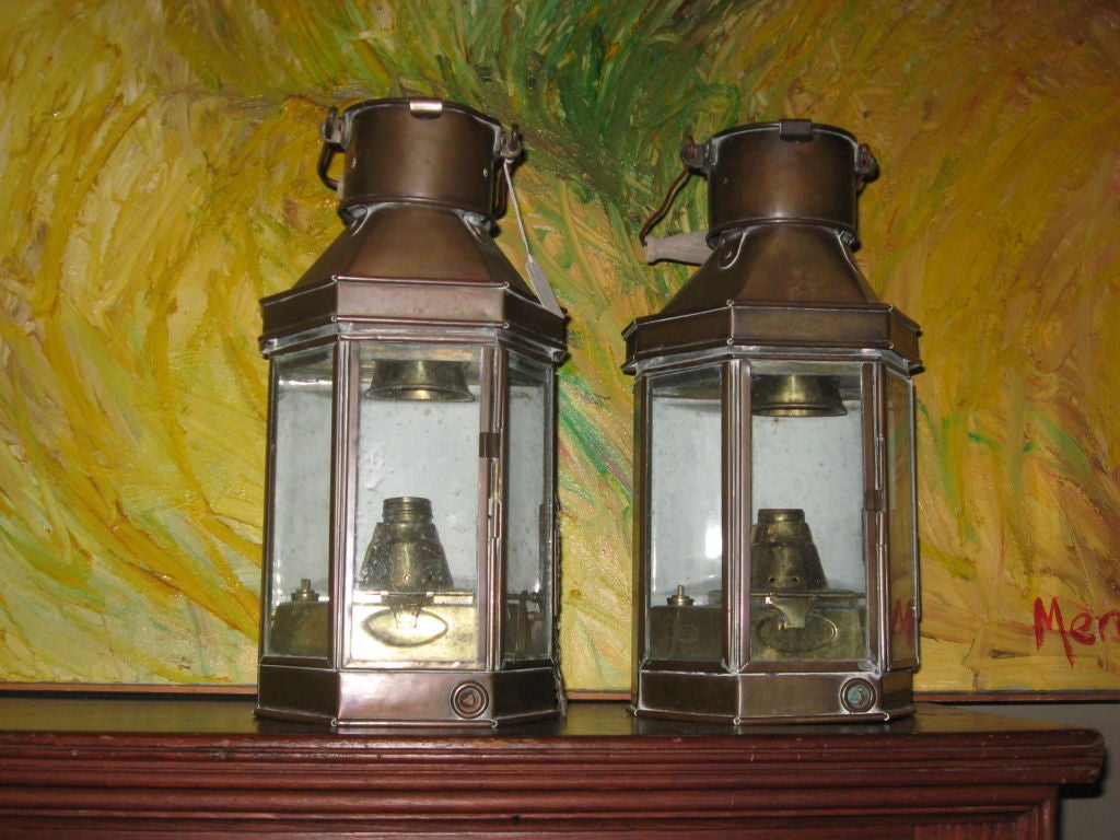 American Pair of Brass Oil Lanterns Made into Wall Sconces