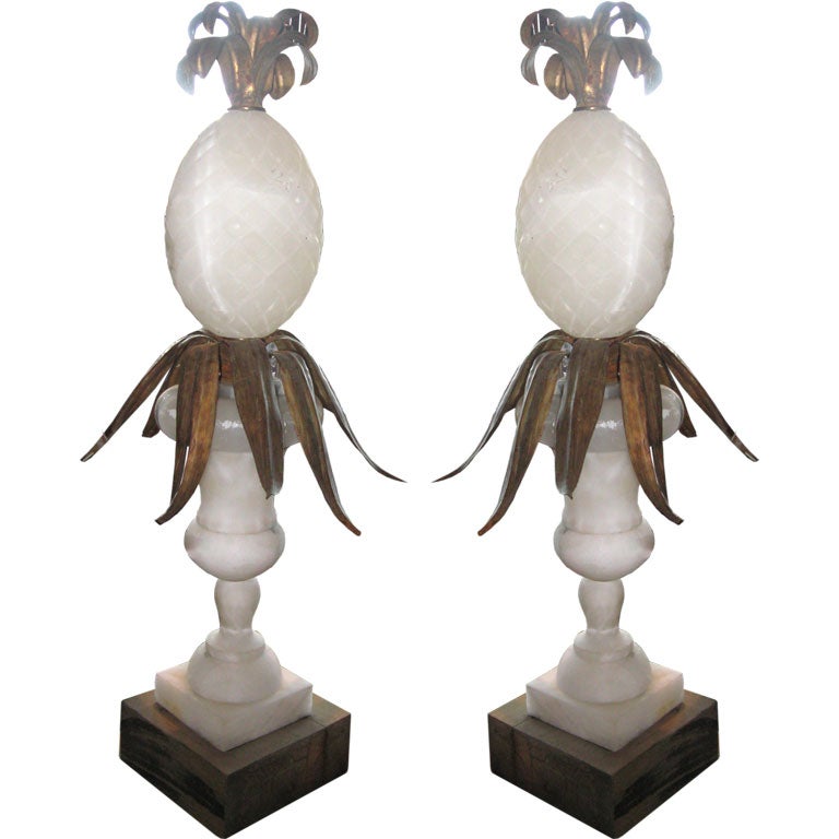 Pair of Alabaster and Gilded Tin Pineapple Lamp Bases For Sale