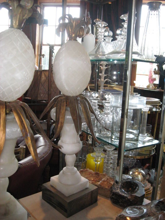 Pair of Alabaster and Gilded Tin Pineapple Lamp Bases In Good Condition For Sale In Water Mill, NY