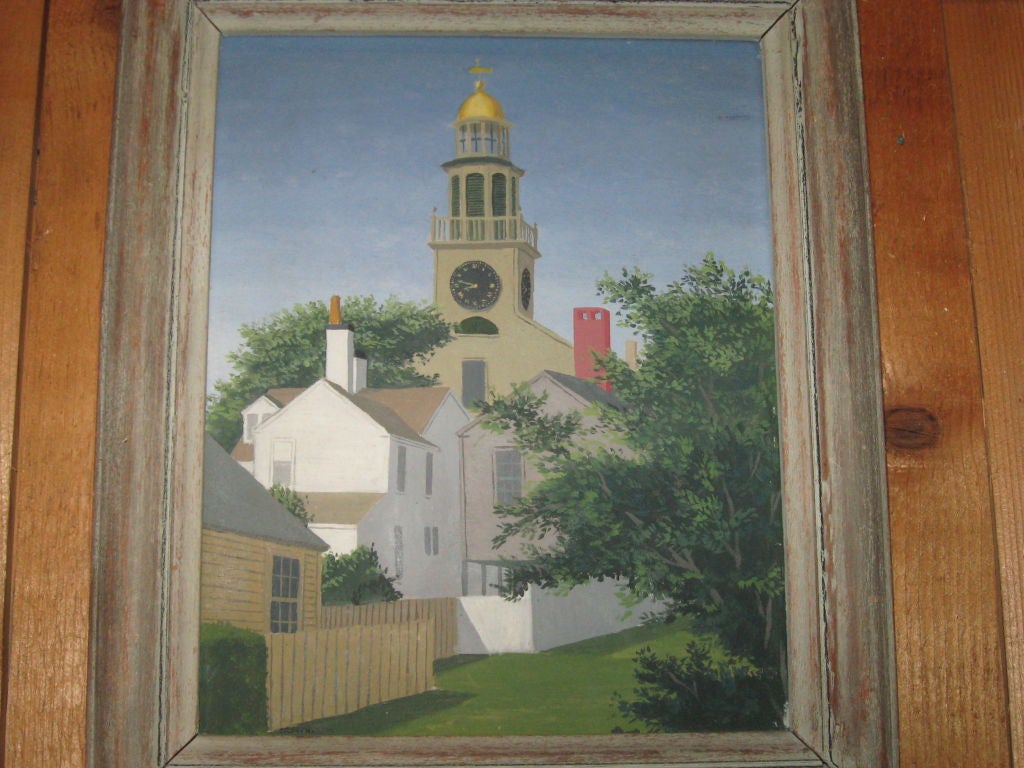 Signed oil painting of country town and church by a listed Bucks County artist with original wood frame-Hampton location.
