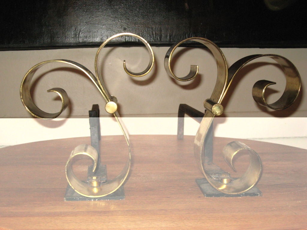 Mid-20th Century Pair of Brass Midcentury Andirons Attributed to Raymond Subes For Sale