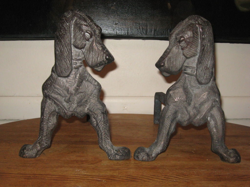 Pair of Bronze Dog Andirons with Grey Patina