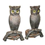 Pair of  Cast  Iron Owl Andirons with Glass Eyes