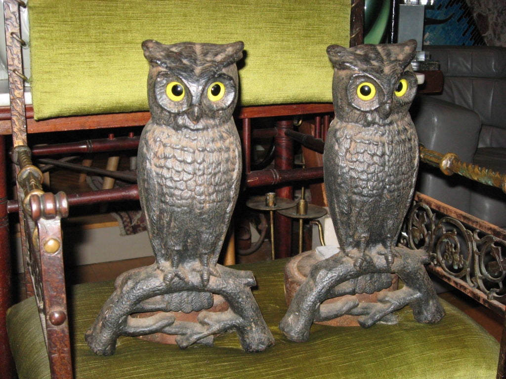 Pair of Amerian Early 20th century Cast Iron Owl Andirons with Glass Eyes-Hampton Location