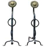 Pair of Hand Forged Iron and Bronze Sun Flower Andirons