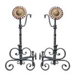 Pair of Hand Forged Iron and Brass Sunflower Andirons