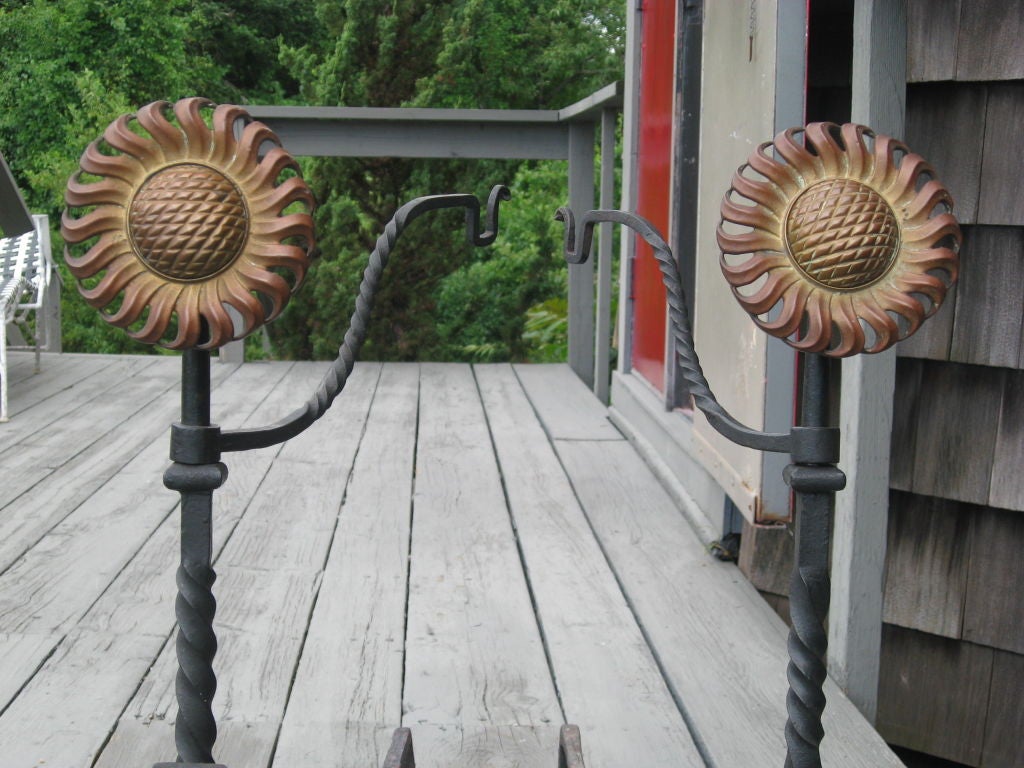 Pair of Hand Forged Iron and Brass Sunflower Andirons