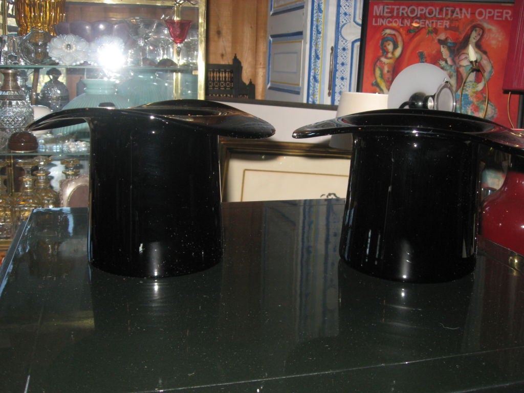 Pair of handblown Murano black glass top hat wine coolers.