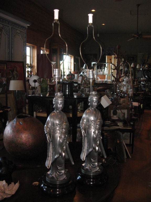 American Pair of Pewter Lamps For Sale