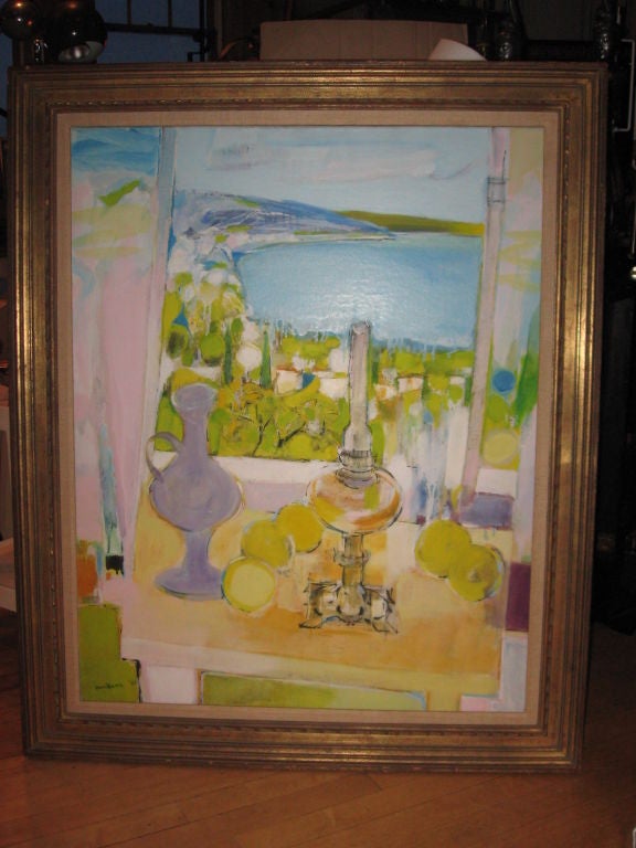 Stylized 1960's Oil Painting of Cote 1'Azur Nice by Morikawa in Giltwood Frame