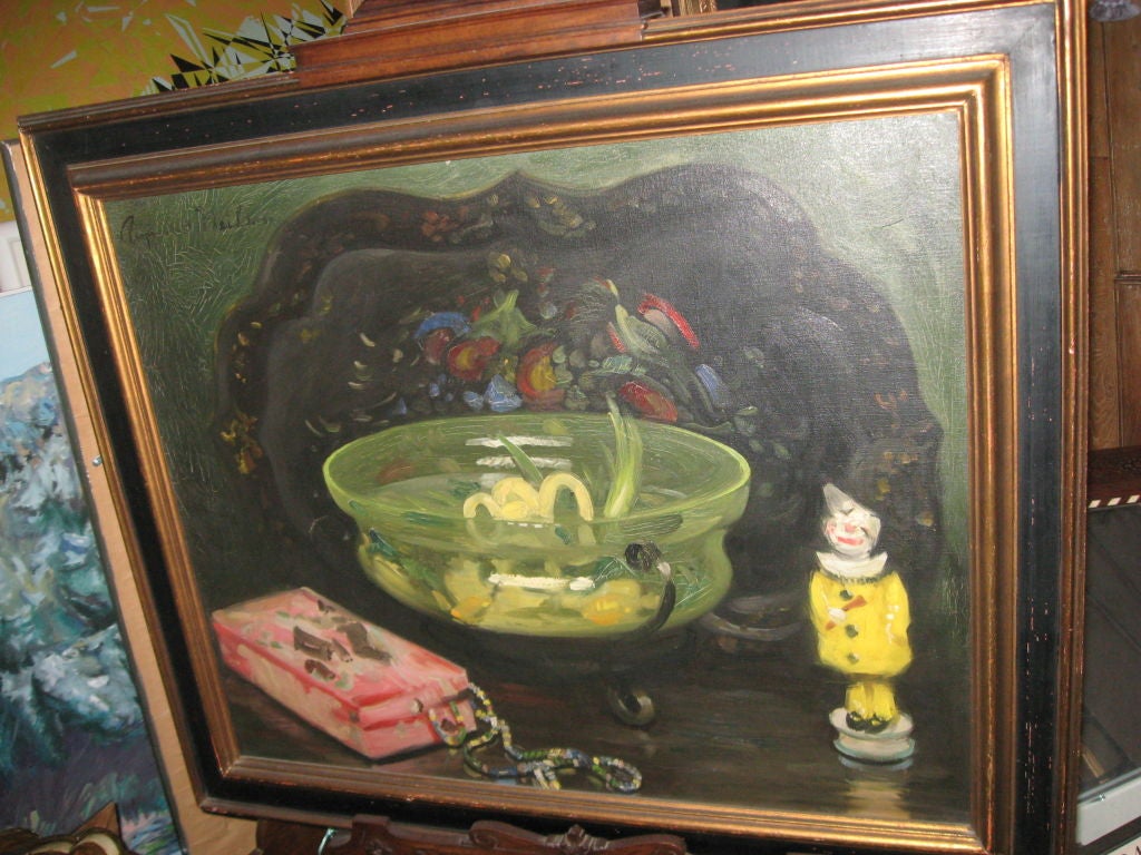 1920s original still life oil painting by listed American artist Raymond Neilson in period frame.