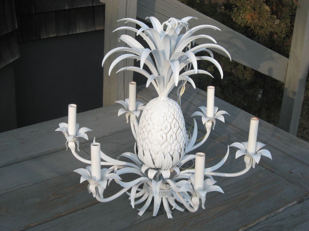 Tin and Plaster Six Light Pineapple Chandelier with Original Ceiling Cap