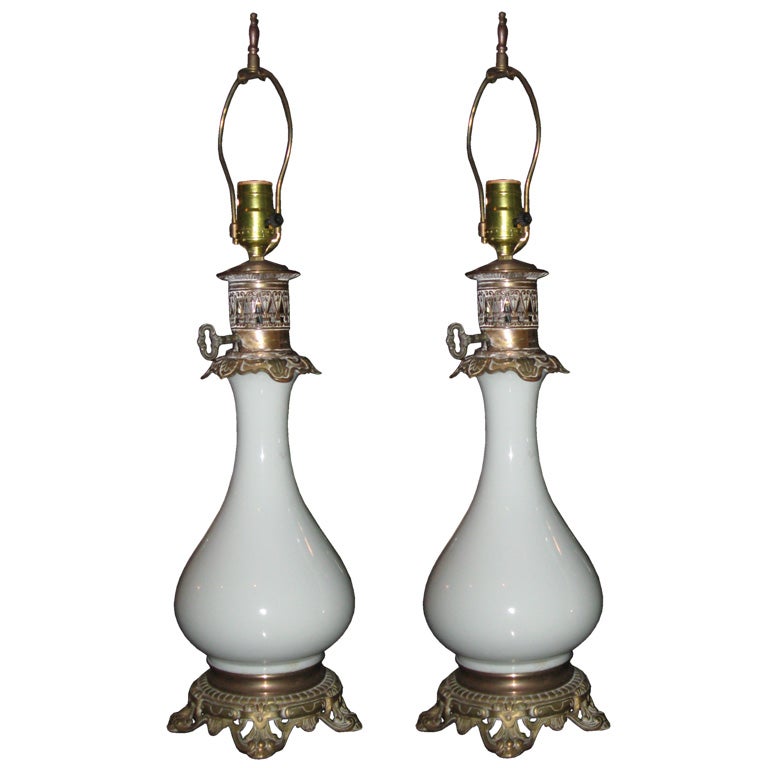 Pair of Celedon Porcelain 19th Century Oil Lamps For Sale