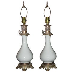Pair of Celedon Porcelain 19th Century Oil Lamps