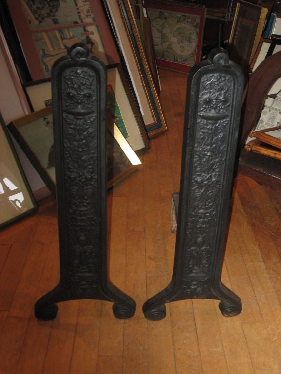 Pair of iron Eastlake Andirons by Smith & Anthony Stove Co. copyright 1886.