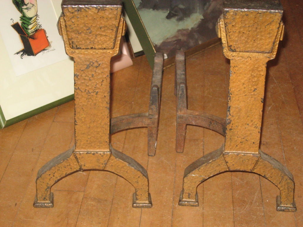 American Pair of Hammered Iron Andirons by Bradley & Hubbard For Sale