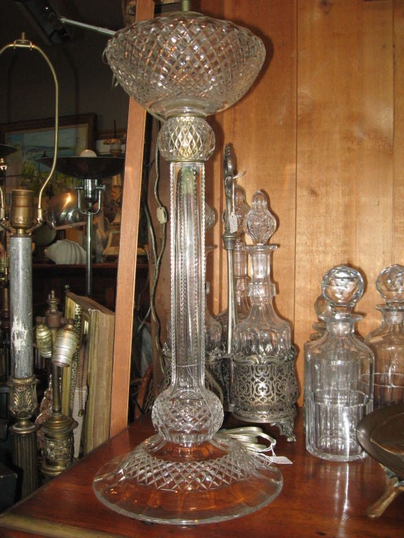 Monumental 19th century brilliant cut crystal oil lamp-electrified from top.