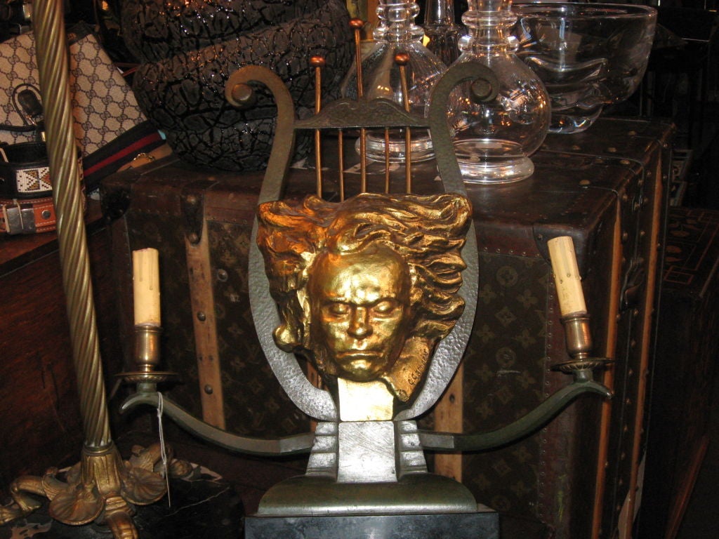 French Beethoven Bronze Lamp Signed G.Garreau For Sale
