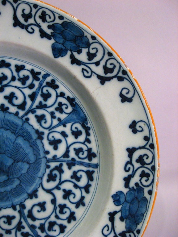 18th Century and Earlier Stunning Delft Charger with Lotus Design, c. 1700