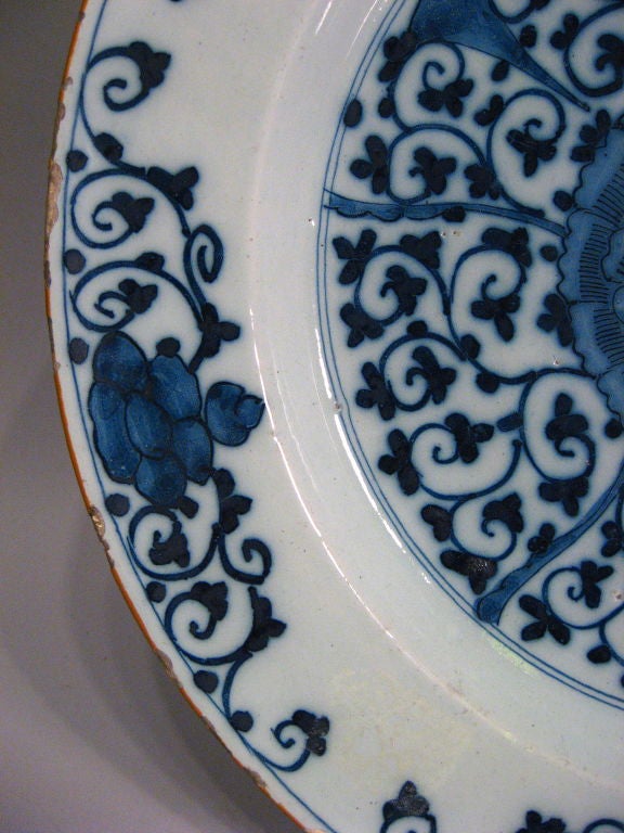 Ceramic Stunning Delft Charger with Lotus Design, c. 1700