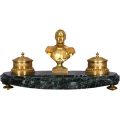 Napoleonisches Ormolu & Verde Antico Marmortintenfass, um 1870