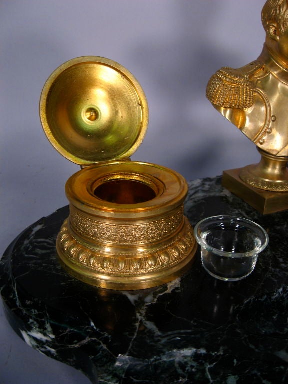 French Napoleonic Ormolu & Verde Antico Marble Inkwell, c. 1870 For Sale