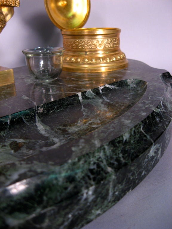 19th Century Napoleonic Ormolu & Verde Antico Marble Inkwell, c. 1870 For Sale