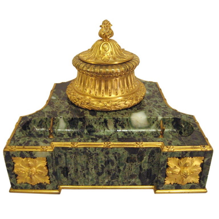 Empire Gilt-Bronze & Variegated Green Marble Desk Set, c.1820 For Sale