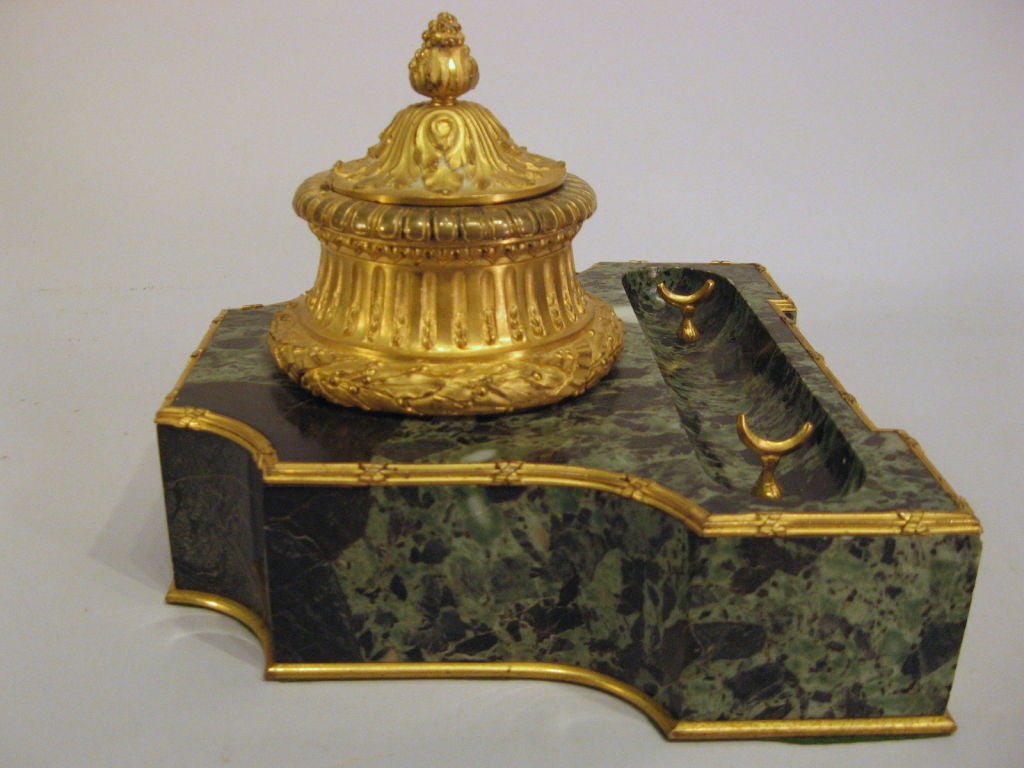 French Empire Gilt-Bronze & Variegated Green Marble Desk Set, c.1820 For Sale