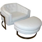 Milo Baughman White Leather Lounge Chair & Ottoman