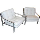 Milo Baughman Chrome and White Leather Lounge Chairs