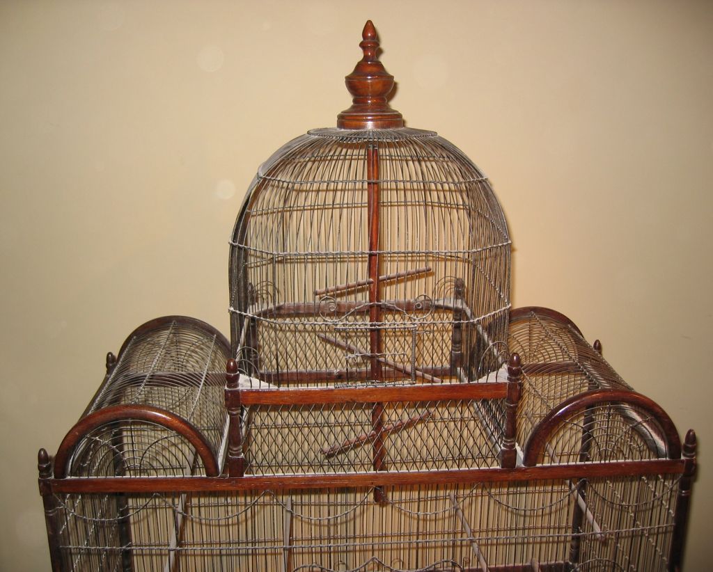 A wonderful and large, Victorian dome-top birdcage in wire with a mahogany frame, circa 1870, all original and in great condition.