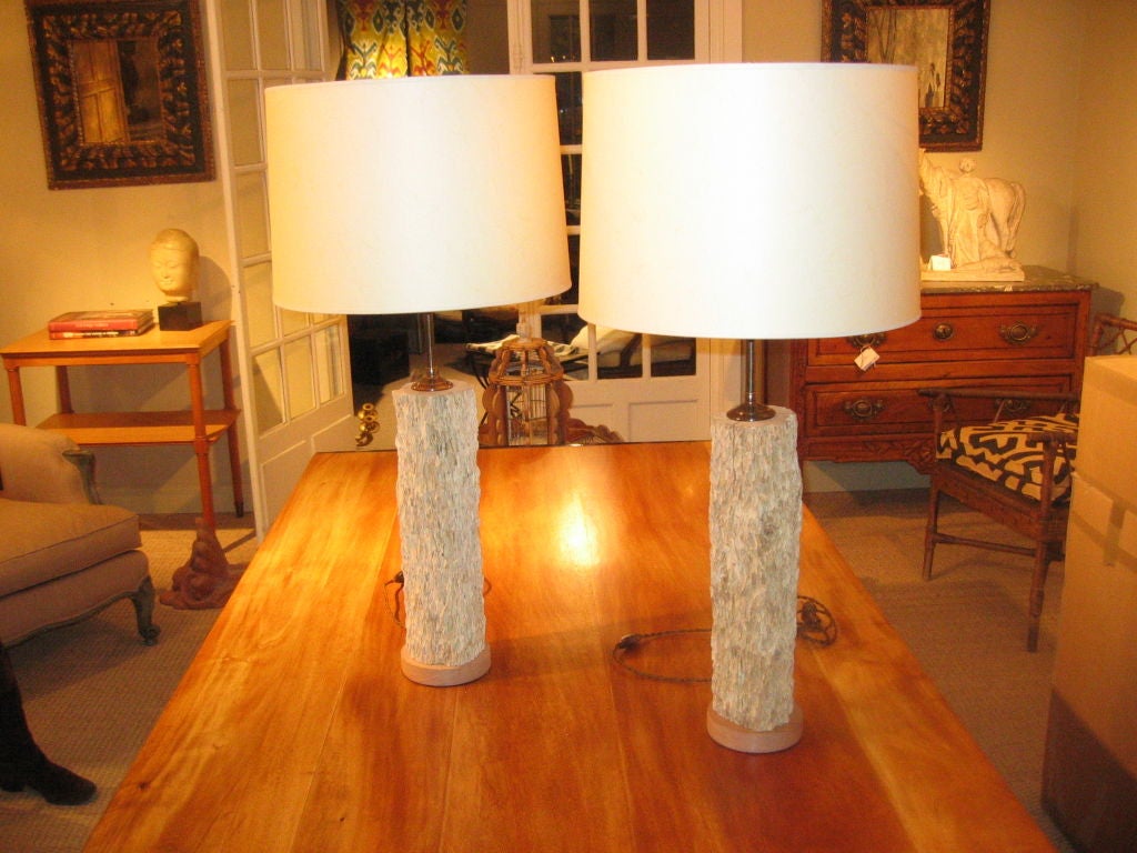 A pair of bleached wood specimens mounted as lamps, brass caps and turned wood bases.