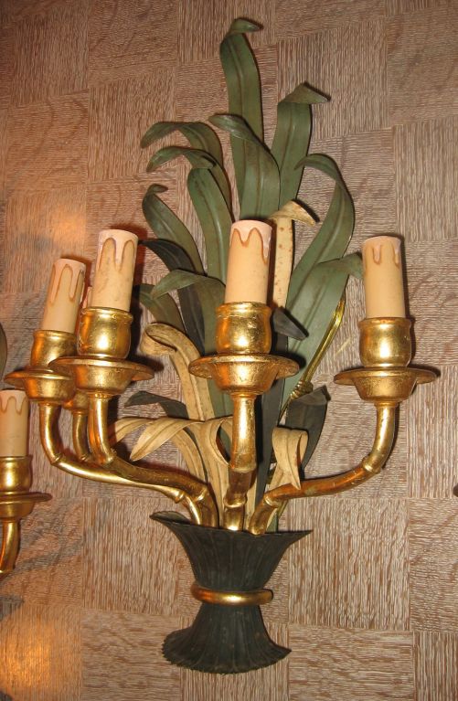 An unusual set of 3 painted and gilt tole sconces in the form of long leaves or fronds in baskets, (two are 3-arm and one is 5-arm) by Bagues, circa 1940, France, recently rewired.