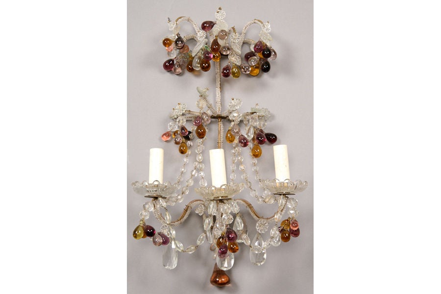 A nice pair of French 40's 3-arm wall sconces with glass beads crystals and colored glass berry decoration.