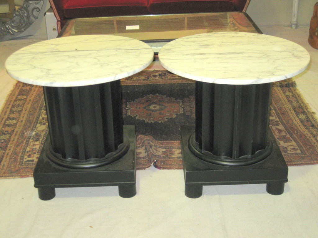 Pair Of Fluted Column End Tables With Marble Tops