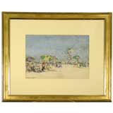 1939 BEACH SCENE WATERCOLOR AND GOUACHE PAINTING