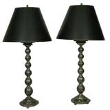 PAIR OF TURNED SILVERED WOOD CANDLESTICK LAMPS