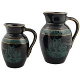 Antique 2 19TH C NEOCLASSICAL BLACK AND TURQUOISE STAFFORDSHIRE PITCHERS