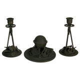 BEAUX ARTS BRONZE CANDLESTICKS AND INKWELL
