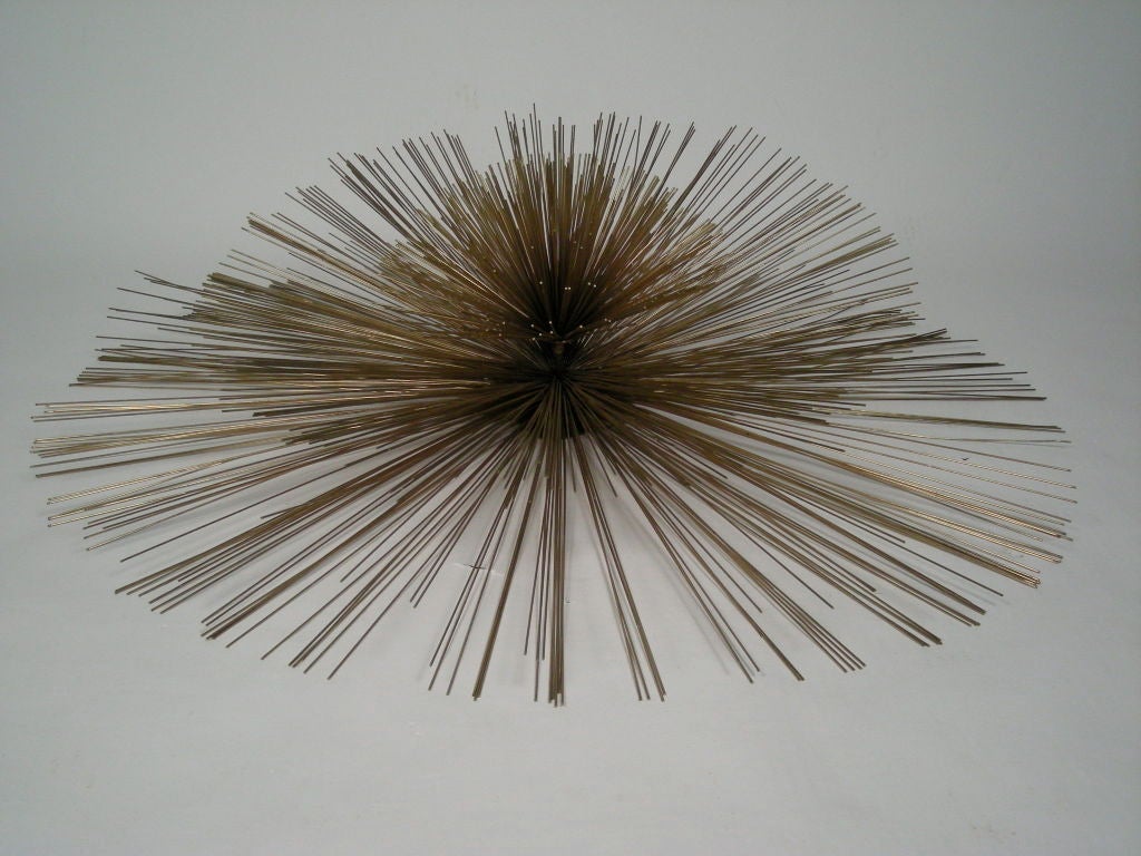 Striking and  very graphic solid brass wire wall sculpture by Curtis Jere. Signed and dated 1987. 40 1/2