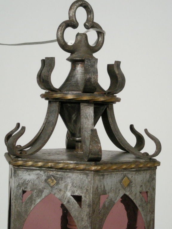 Gothic Revival Wrought Iron and Amethyst Glass Lantern
